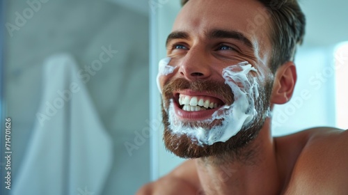 Happiest man shaving his beard and looking aside on copy space .  photo