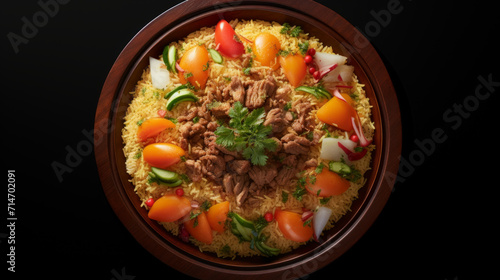 A platter of Uzbek plov, a hearty rice dish with meat and vegetables, often eaten during ramadan in Central Asia