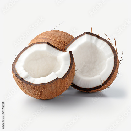 Two halves of a freshly cracked coconut with white flesh, displayed on a clean white background