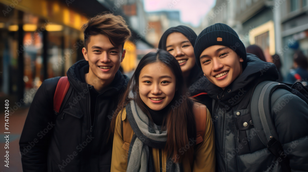A joyful group diverse young friends smiling and huddling together on a city street A joyful group diverse young friends smiling and huddling together on a city street