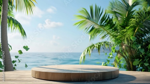 Summer product display on wooden podium at sea tropical beach  © Hope