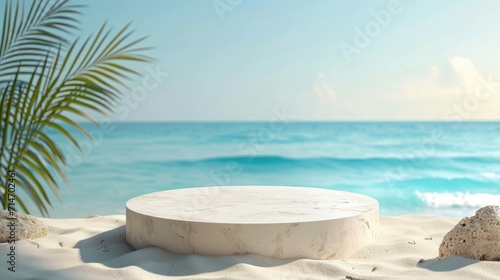 Summer sand and sea product placement background with empty flat stone podium.