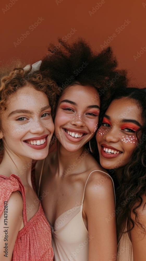 Beauty, diversity and portrait of women happy with makeup for cosmetic skincare isolated in studio brown background. Skin, aesthetic and young friends together for self care, dermatology and support Beauty, diversity and portrait of women happy with makeup for cosmetic skincare isolated in studio brown background. Skin, aesthetic and young friends together for self care, dermatology and support