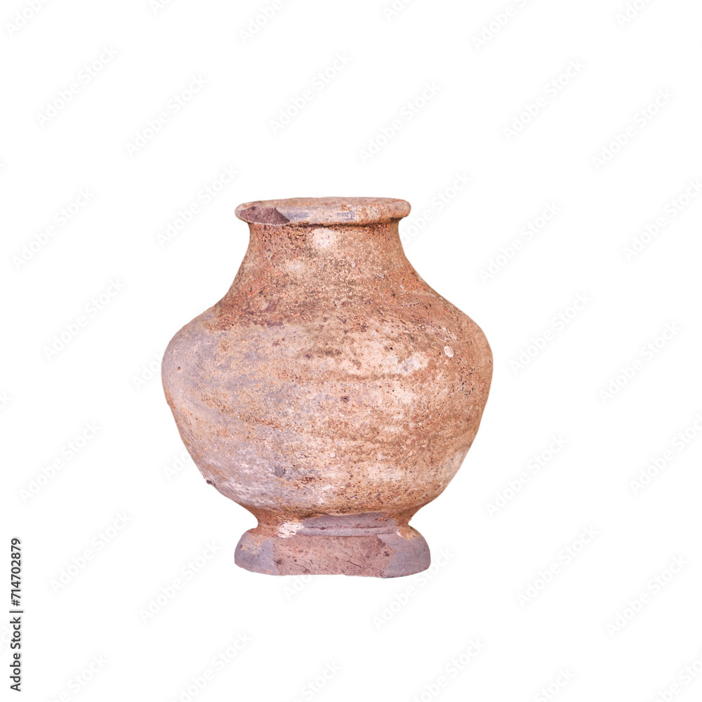 Old clay pot isolated on a white background. made with hands, a jug, a mug, a vase, clay, ancient pot. Myanmar old clay pot.