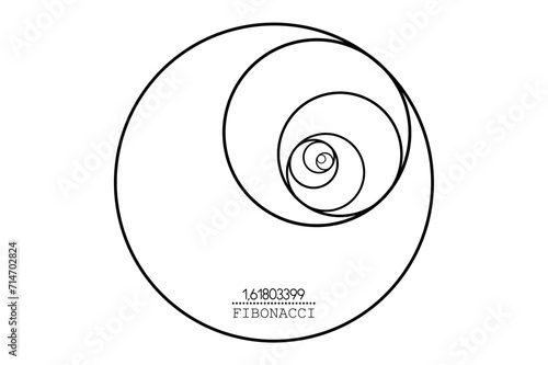 Fibonacci Sequence Circle. Golden ratio. Geometric shapes spiral. Circles in golden proportion in minimalist line art design. Vector circular Logo icon isolated on white background 