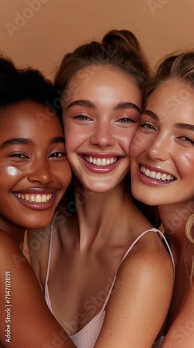  Beauty diversity and portrait of women happy with makeup for cosmetic skincare isolated in studio brown background. Skin, aesthetic and young friends together for self care, dermatology and support 