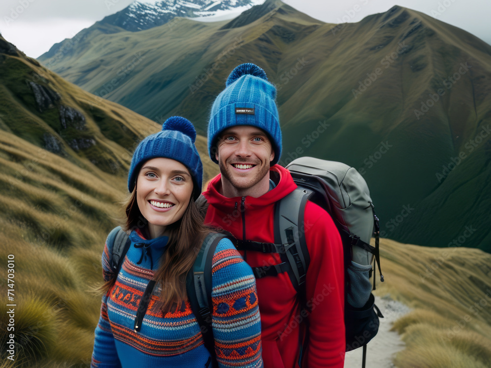 Portrait of a man and a woman hiking in the mountains.