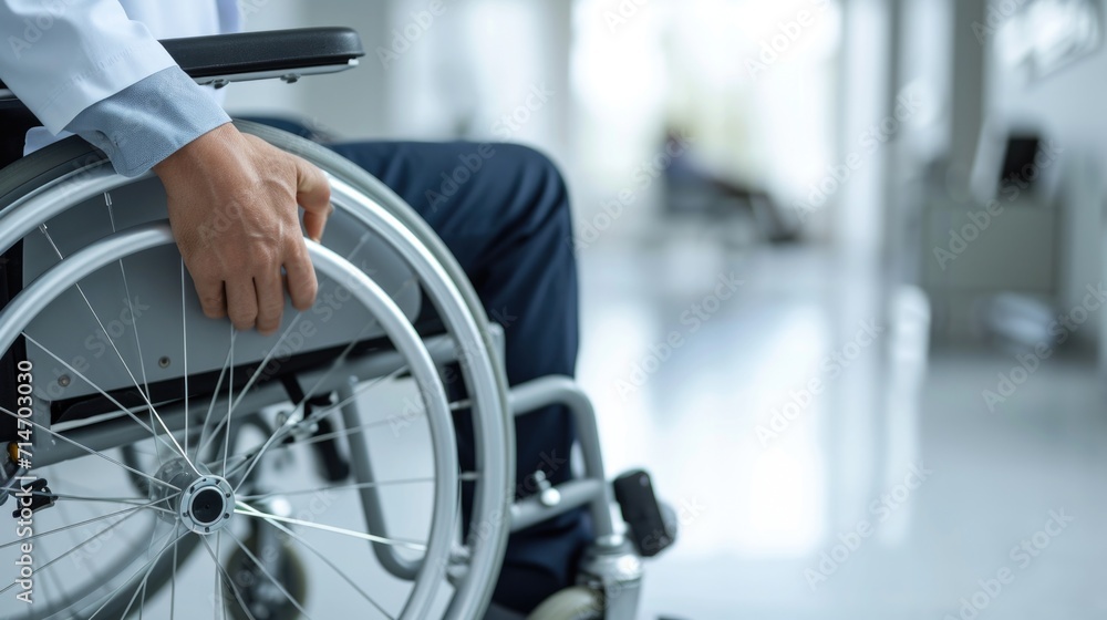 Man disabled person in wheelchair pushing wheel on hospital corridor. Man disabled person in wheelchair pushing wheel on hospital corridor.