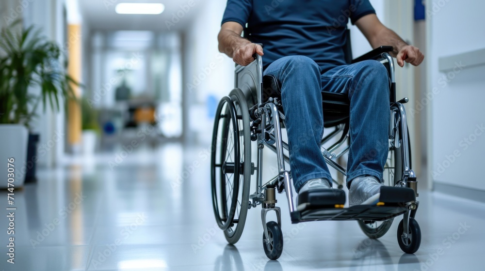 Obraz premium Man on wheelchair disability holding wheel in a hospital for healthcare. Disabled, mobility problem and male person in white clinic for support and medical care with hands of patient and mockup 