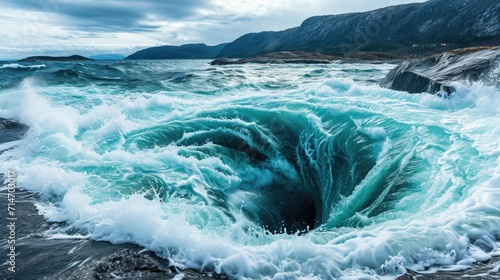 Huge Waves of water of the river and the sea meet each other during high tide and low tide. Whirlpools of the maelstrom