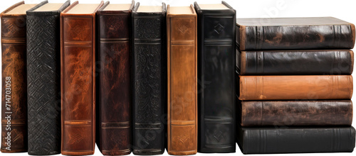 Classic leather-bound book collection, worn pages telling stories of the past, isolated on transparent background. PNG