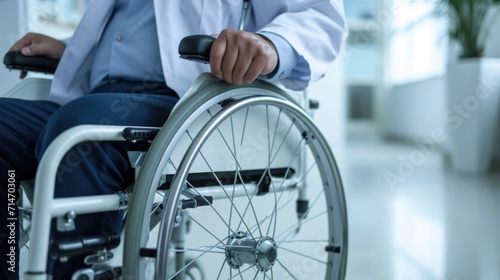 Invalid manon wheelchair holding wheel in a hospital for healthcare. Disabled, mobility problem and male person in white clinic for support and medical care with hands of patient and mockup