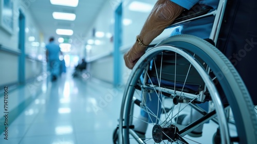 Man on wheelchair holding wheel in a hospital for healthcare. Disabled, mobility problem and male person in white clinic for support and medical care with hands of patient and mockup 