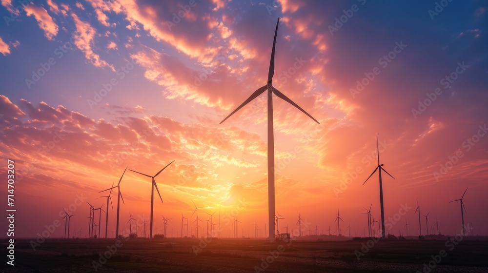 Obraz premium Wind farm landscape against sunset sky. Wind energy. Wind power. Sustainable and renewable energy. Wind turbines generate electricity. Green technology. Renewable resources. Sustainable development.