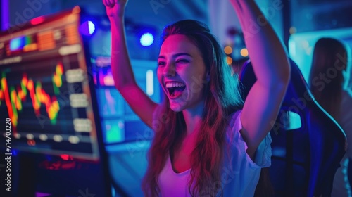 Shot of the Beautiful Friendly Pro Gamer Girl Streaming Online Video Game and Winning it, Wearing Headset and Shares with Her Fans. Teenagers Having Fun. Background Cool Neon Retro Colors. © Hope