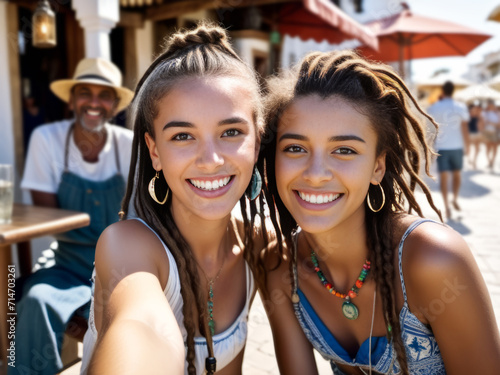 Portrait of two smiling young women on a southern city street on a bright sunny day. © E.Nolan