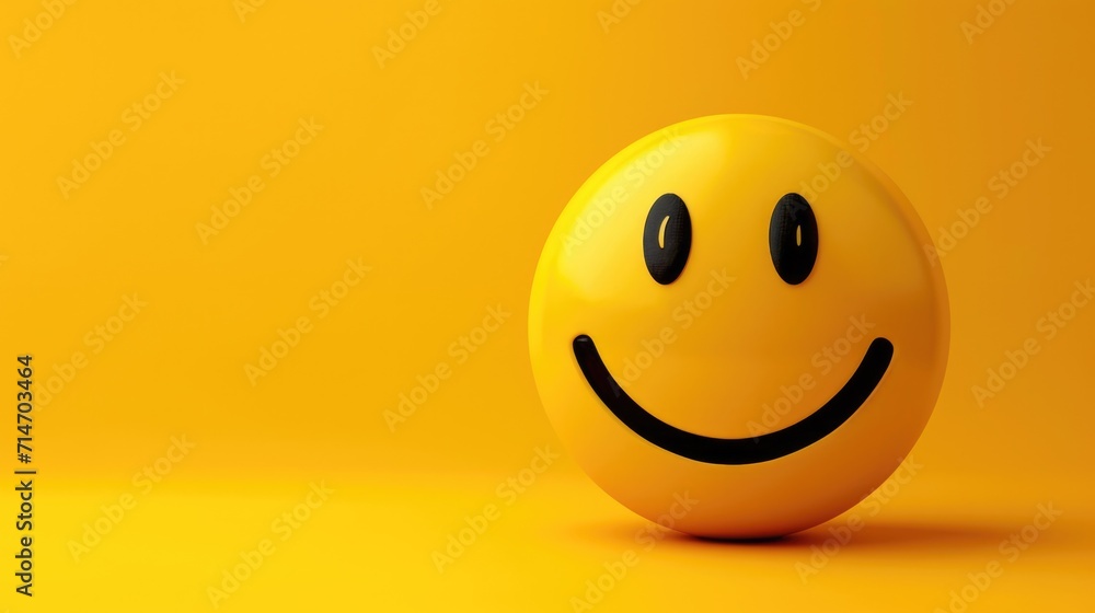 Yellow smiley face emoticon on yellow background banner. - obrazy, fototapety, plakaty 