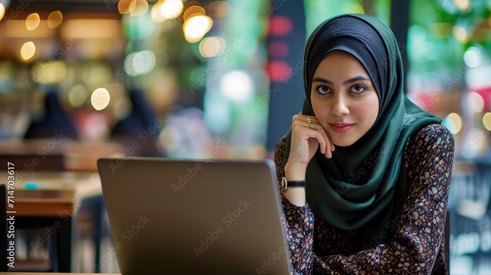 Young woman wearing hijab sitting with hand on chin while working on laptop at cafe Young woman wearing hijab sitting with hand on chin while working on laptop at cafe