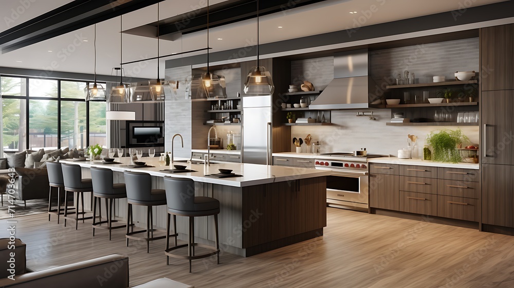 An open-concept kitchen with a large island and modern appliances.