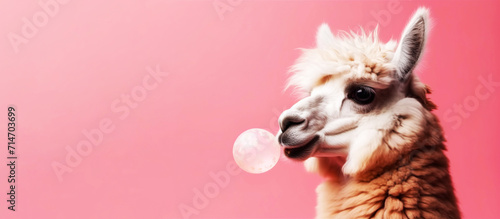Funny llama blowing gum isolated on hot pink background with copy space. Generative AI illustration. photo
