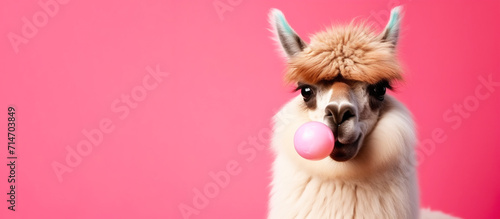 Funny llama blowing gum isolated on hot pink background with copy space. Generative AI illustration. © Anastasia