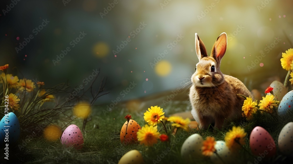 Beautiful easter background with colourful flowers, eggs and a easter bunny - 16:9 format