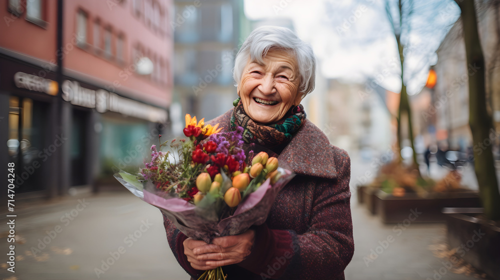 Fototapeta premium Close up of female senior hands holding spring flower bouquet. An elderly woman is smiling and holding a bouquet of flowers Social advertising of kindness.