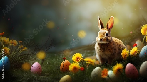 Obraz na płótnie Beautiful easter background with colourful flowers, eggs and a easter bunny - 16:9 format w salonie