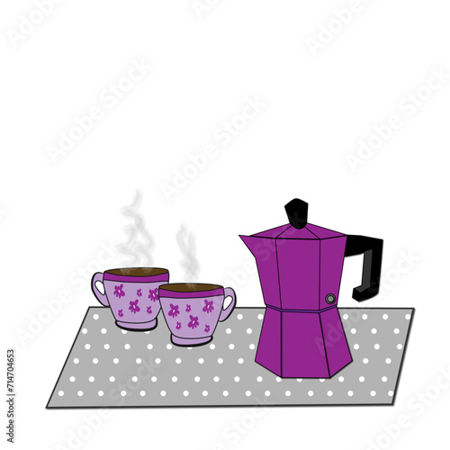 Cafetera morada y tazas de café.