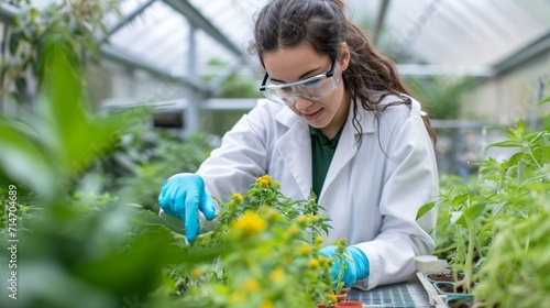 Scientist Examining Plants in Greenhouse