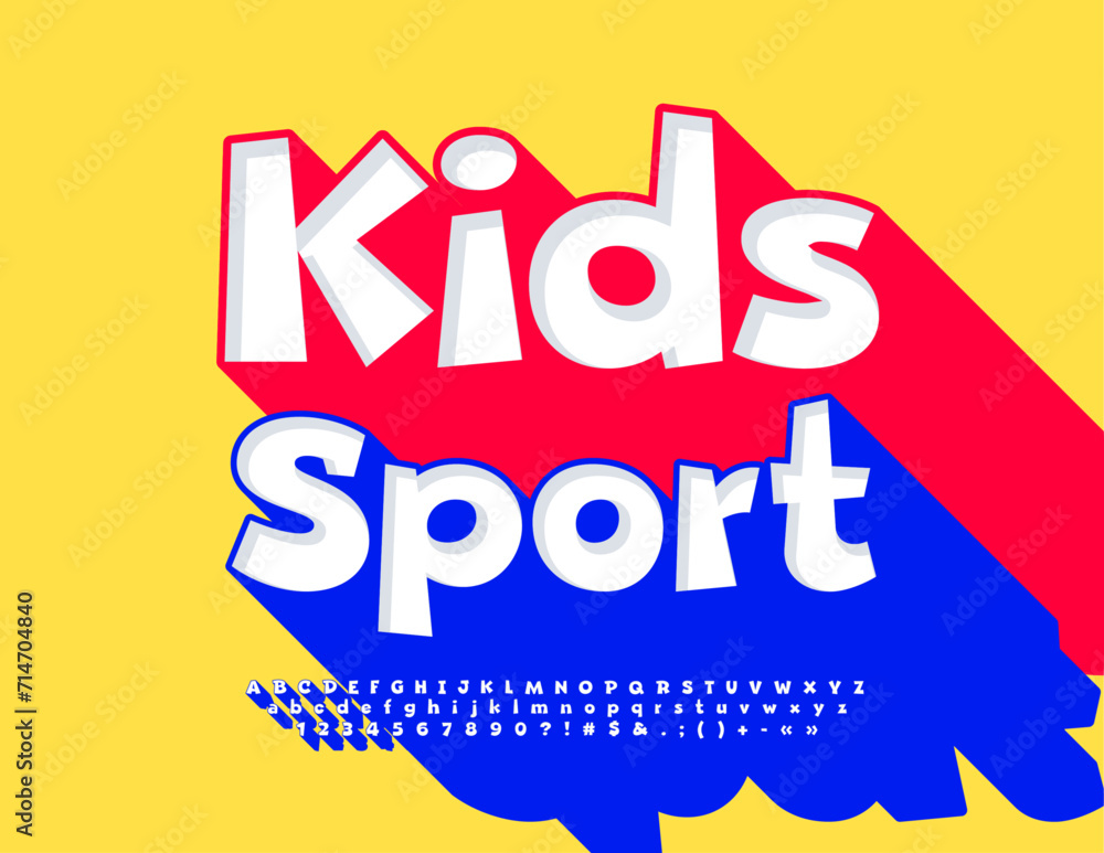 Vector bright sign Kids Sport. Creative 3D Font. White Alphabet Letters, Numbers and Symbols set with Blue Shadow.