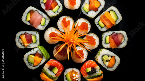 Sushi on black background in in kaleidoscope style. Sushi art. Beautiful serving. Traditional Japanese food. Rice and fish.
