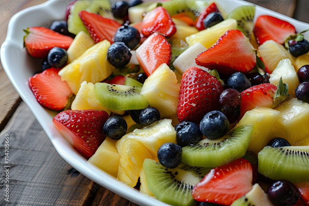 A fresh fruit salad with a mix of seasonal fruits like strawberries, blueberries, kiwi, and pineapple, tossed with a honey lime dressing A fresh fruit salad with a mix of seasonal fruits like strawberries, blueberries, kiwi, and pineapple, tossed with a honey lime dressing