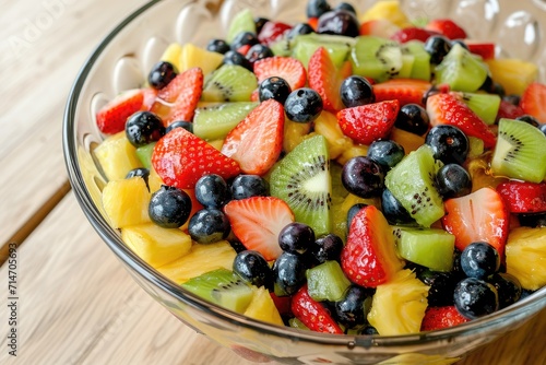 A fresh fruit salad with a mix of seasonal fruits like strawberries  blueberries  kiwi  and pineapple  tossed with a honey lime dressing 