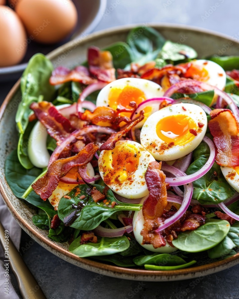 A warm spinach and bacon salad with wilted baby spinach, crispy bacon bits, hard-boiled eggs, red onion, and a warm bacon vinaigrette