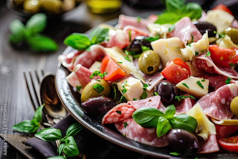 An antipasto salad with salami, ham, provolone, artichokes, olives, pepperoncini, and an Italian vinaigrette An antipasto salad with salami, ham, provolone, artichokes, olives, pepperoncini, and an Italian vinaigrette