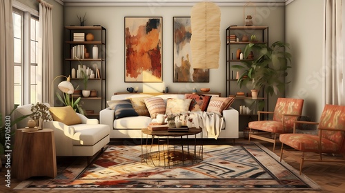 A bohemian-inspired living room with layered rugs and eclectic decor.