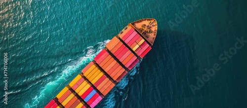 Bird's-eye perspective of container vessel at sea.
