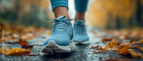 Fitness enthusiast in blue sneakers running on a path covered with fall leaves, combining a passion for running with the beauty of the autumn season