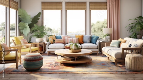 A boho chic living room with layered rugs and a mix of patterns.