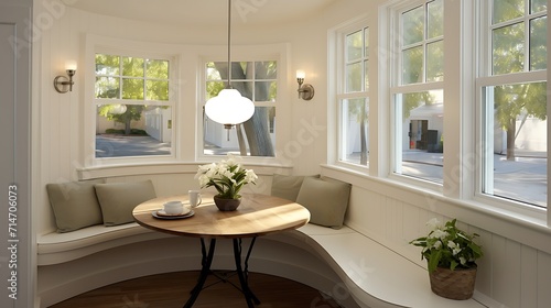A breakfast nook with built-in seating and a round table. © Muhammad