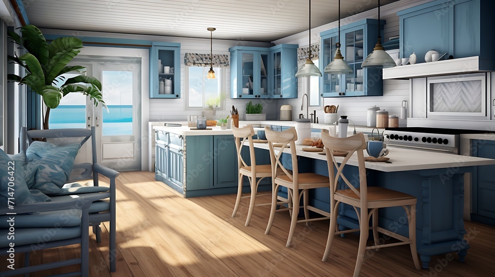 A coastal-themed kitchen with blue and white colors and beachy decor.
