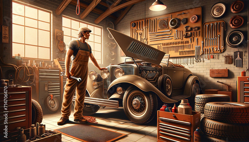 A mechanic stands proudly in a well-organized garage, tools hung meticulously behind an open vintage car.Car repair service concept. AI generated.	 photo