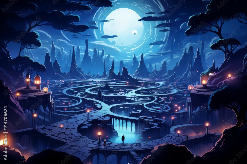Obraz premium Mesmerizing celestial mazes, challenging adventurers with their shifting paths - Generative AI