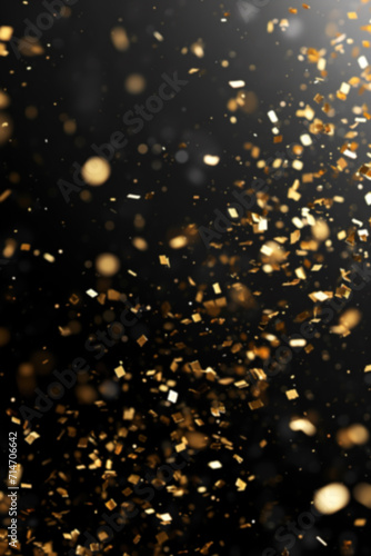 Luxurious black backdrop with a cascade of golden confetti, ideal for upscale event announcements, glamorous product launches, and sophisticated advertising. Festive blurred background.