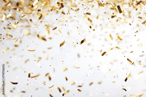 Elegant white background scattered with dynamic golden confetti, ideal for luxury branding, festive occasions, and upscale design projects. Festive background.