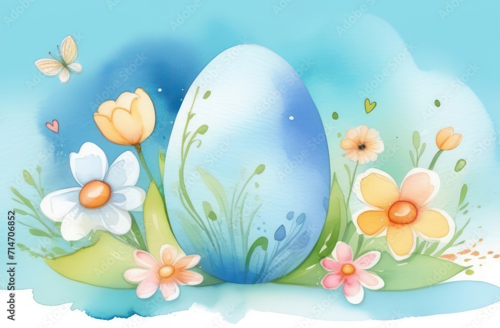 Easter banner in blue pastel shades with multi-colored spring flowers and a large Easter egg in the center
