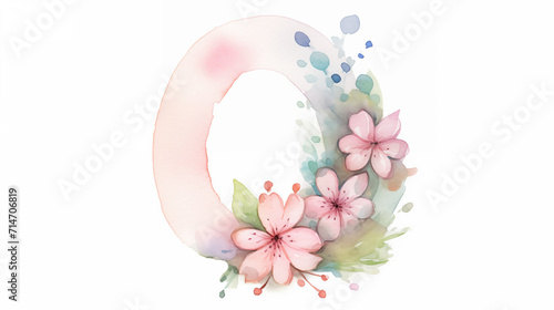 Uppercase english letter O, number 0 zero. Colorful watercolor aquarelle font type. Floral Botanic flower, leaf composition. Good for wedding, bridal, birthday, greeting, baby shower card, design