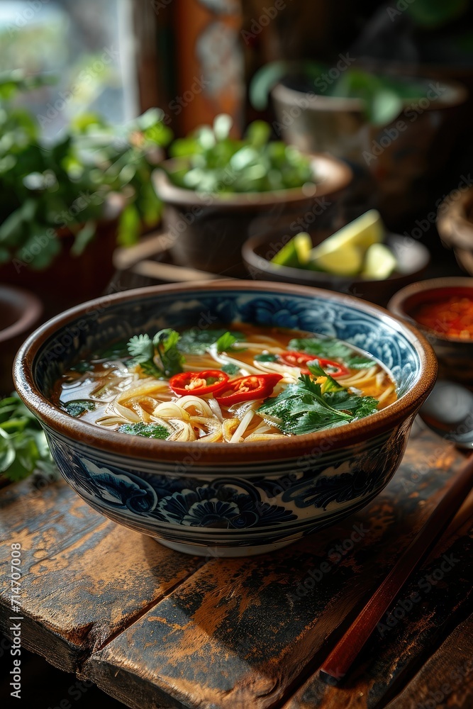 A bowl of Asian soup with noodles, chili and herbs in meat broth. Thai and Vietnamese cuisine. A bowl of Asian soup with noodles, chili and herbs in meat broth. Thai and Vietnamese cuisine.