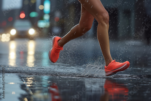 Runner in red sneakers splashing through puddles on a rainy city street  epitomizing perseverance in fitness and a healthy lifestyle